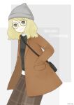  1girl :3 absurdres animal_crossing bag bangs beanie blonde_hair blush coat collared_shirt copyright_name glasses go-on green_eyes hand_in_pocket hat highres looking_at_viewer medium_hair original pants plaid plaid_pants shirt shoulder_bag smile solo sweater 