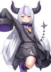  1girl :o absurdres ahoge arm_up ascot bangs black_dress black_footwear blush choker collar demon_girl demon_horns dress fang grey_hair highres hololive horns kag_tsukimi la+_darknesss long_hair long_sleeves looking_at_viewer metal_collar multicolored_hair pointy_ears puffy_long_sleeves puffy_sleeves purple_hair purple_thighhighs sidelocks simple_background single_leg_pantyhose sleeves_past_fingers sleeves_past_wrists solo standing standing_on_one_leg streaked_hair striped_horns thigh_strap thighhighs thighs two-tone_hair very_long_hair virtual_youtuber white_background wide_sleeves yellow_ascot yellow_eyes 