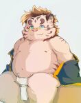  2022 anthro asian_clothing belly blue_eyes clothing east_asian_clothing eyewear felid fundoshi glasses hi_res japanese_clothing kemono licho_(tas) lifewonders male mammal morisa_mmk navel nipples overweight overweight_male pantherine pink_nose sitting solo tiger tokyo_afterschool_summoners underwear video_games white_clothing white_fundoshi white_underwear young 
