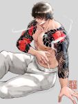  1boy abs arm_tattoo artist_logo artist_name bara black_hair cigarette covered_eyes crossed_legs feet_out_of_frame grey_background large_pectorals male_focus manly mature_male messy_hair muscular muscular_male nipples on_floor original owariya_ranko pants pectorals short_hair simple_background sitting smile smoke smoking solo tattoo teeth thick_arms topless_male 