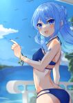  1girl :d absurdres bangle bare_shoulders bikini bird blue_hair blue_nails bracelet cloud flat_chest highres hololive hoshimachi_suisei jewelry kisara_mikami long_hair looking_at_viewer open_mouth sky smile solo star_(symbol) star_in_eye swimsuit symbol_in_eye virtual_youtuber water 