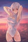  1girl armpits arms_up ass_visible_through_thighs bangs breasts casual_one-piece_swimsuit cleavage cleavage_cutout closed_mouth clothing_cutout covered_collarbone covered_navel cowboy_shot evening gradient_sky grey_hair hands_in_hair heeri highres long_hair looking_at_viewer medium_breasts ocean one-piece_swimsuit original outdoors red_eyes sky solo sunlight sunset swimsuit wading water white_swimsuit 