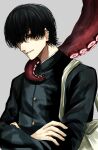  1boy bag black_eyes black_hair black_jacket chainsaw_man character_request crossed_arms ear_piercing earrings grey_background highres hoshi_san_3 jacket jewelry looking_at_viewer male_focus mole mole_under_mouth parted_lips piercing shoulder_bag simple_background smile solo tentacles 