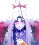  1boy blood blue_hair bodypaint closed_mouth cu_chulainn_(fate) cu_chulainn_alter_(fate) dark_blue_hair dark_persona earrings facepaint fate/grand_order fate_(series) grin halo highres hood hood_up jewelry jing_(zonekai) long_hair looking_at_viewer male_focus ponytail red_eyes smile solo 