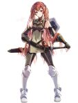  1girl absurdres armored_boots artist_name black_gloves boots clear_glass_(mildmild1311) detached_sleeves fighting_stance fingerless_gloves fire_emblem fire_emblem_awakening full_body gloves hand_on_weapon highres leggings long_hair looking_at_viewer ready_to_draw red_eyes red_hair severa_(fire_emblem) sheath sheathed shield shirt signature simple_background sleeveless sleeveless_shirt smile solo standing sword sword_on_back twintails twitter_username very_long_hair weapon weapon_on_back white_background white_footwear 
