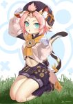  1girl :o animal_ear_fluff animal_ears aqua_eyes arm_up beret black_headwear blush cat_ears cat_tail choker commentary_request crop_top diona_(genshin_impact) forehead genshin_impact gloves grass hand_up hat highres linreplica looking_at_viewer midriff navel parted_lips paw_pose pink_hair purple_shorts seiza shirt short_hair short_shorts shorts sitting solo stomach tail thighs topknot white_background white_choker white_gloves white_shirt 