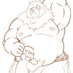  2022 anthro belly belly_grab ben_(zenless_zone_zero) big_belly blush bottomwear bulge clothed clothing duo embrace erection erection_under_clothing gomdepp hi_res hug kemono male mammal moobs nipples overweight overweight_male pants scar ursid zenless_zone_zero 