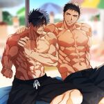  2boys abs bara beach biceps black_hair blue_eyes blue_hair blurry blurry_background burn_scar carpet clenched_hands domo_(domo_kizusuki) fangs feet_out_of_frame hand_on_another&#039;s_shoulder large_pectorals looking_at_another male_focus male_swimwear manly mature_male multiple_boys muscular muscular_male navel one_eye_covered original outdoors pectorals scar scar_on_face short_hair shorts sitting smile spiked_hair teeth thick_arms thick_eyebrows topless_male umbrella 
