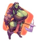  axe big_breasts bigdad breasts cleavage clothed clothing ear_piercing female green_body green_skin holding_object holding_weapon huge_breasts humanoid melee_weapon not_furry orc piercing simple_background smile solo weapon 