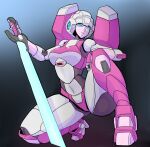  1girl alien arcee beam_saber blue_eyes breasts curvy high_heels highres humanoid_robot krossborn mecha_musume medium_breasts panties pink_panties robot solo sword thick_thighs thighs transformers underwear weapon 