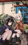  2girls absurdres alternate_costume animal_ears black_socks blonde_hair blue_jacket boots brown_eyes brown_footwear casual cat commentary_request common_raccoon_(kemono_friends) eating extra_ears fennec_(kemono_friends) food fox_ears fox_girl fox_tail grey_hair highres jacket japari_bun japari_symbol kemono_friends long_sleeves multicolored_hair multiple_girls nanana_(nanana_iz) orange_jacket raccoon_ears raccoon_girl raccoon_tail shoes short_hair sitting sneakers socks squatting tail white_hair 