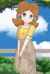  1girl alternate_costume blue_eyes brown_skirt casual chocomiru closed_mouth commentary dress english_commentary jewelry long_skirt looking_at_viewer mario_(series) princess_daisy shirt skirt smile solo tree yellow_shirt 