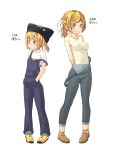  2girls absurdres alternate_costume bangs black_headwear black_overalls blonde_hair blue_eyes blush bow breasts brown_footwear character_age closed_mouth commentary_request flat_chest full_body grey_overalls hair_bow hat height highres kagamine_rin kitsunerider looking_at_viewer medium_breasts multiple_girls older overalls pillow_hat ponytail shirt shoes short_hair short_ponytail simple_background smile swept_bangs transparent_background vocaloid white_bow white_shirt yellow_shirt 