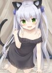  1girl all_fours animal_ear_fluff animal_ears arm_up bare_shoulders barefoot black_dress breasts cat_ears cat_girl cat_tail character_request claw_pose dress flower_knight_girl grey_hair highres long_hair looking_at_viewer psyche3313 ribbon small_breasts solo strapless strapless_dress tail two_side_up very_long_hair 