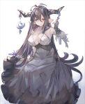  1girl antenna_hair bandaged_arm bandages bangs bare_shoulders black_gloves black_hair breasts cleavage closed_mouth crescent danua draph dress fingerless_gloves gloves granblue_fantasy hair_between_eyes horn_ornament horns large_breasts long_hair looking_at_viewer pointy_ears red_eyes sitting solo tota_(sizukurubiks) very_long_hair white_background white_dress 