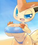  big_breasts blue_eyes bodily_fluids breasts clothing female hand_on_breast legendary_pok&eacute;mon looking_at_viewer nintendo pok&eacute;mon pok&eacute;mon_(species) sanusanu solo sweat swimwear victini video_games 