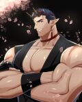  1boy bara biceps black_background blue_hair cherry_blossoms collar crossed_arms demon_horns ear_piercing earrings falling_petals feet_out_of_frame fle0423 highres horns japanese_clothes jewelry kimono large_pectorals looking_at_viewer male_focus manly mature_male multicolored_hair muscular muscular_male original pectorals petals piercing ponytail red_eyes red_hair simple_background smirk solo stud_earrings teeth thick_arms thick_eyebrows upper_body wristband yukata 