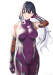  1girl bangs black_hair bodysuit breasts brown_eyes cosplay covered_navel cowboy_shot highres igawa_asagi igawa_asagi_(cosplay) kashimoto_riko large_breasts long_hair misumi_(niku-kyu) purple_bodysuit simple_background sleeveless_bodysuit solo standing taimanin_(series) taimanin_asagi taimanin_suit twitter_username umamusume white_background 