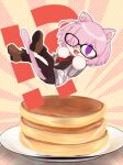  animal_ears black_dress cat_ears cat_tail chibi dress fate/grand_order fate_(series) food glasses hair_over_one_eye harukappa highres jacket light_purple_hair mash_kyrielight necktie neco-arc pancake pancake_stack pantyhose purple_eyes short_hair slit_pupils tail type-moon 