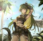  1girl absurdres arknights arm_up armpits bangs black_gloves black_shorts blue_sky breasts commentary_request cowboy_shot crocodilian_tail crop_top day fingerless_gloves gavial_(arknights) gavial_the_invincible_(arknights) gloves goggles goggles_on_head green_hair grin highres long_hair looking_at_viewer mask mask_around_neck medium_breasts midriff navel pointy_ears ponytail shiqi_tokii shorts sidelocks sky smile solo standing stomach tail thighs torn_clothes torn_gloves tree very_long_hair yellow_eyes 