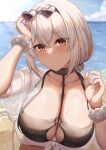  1girl absurdres azur_lane bangs bare_shoulders beach bikini black_bikini blue_sky blush breasts cleavage collarbone eyewear_on_head heart heart-shaped_eyewear highres kanata_(kanade_pa) large_breasts looking_at_viewer low_twintails o-ring ocean official_alternate_costume red_eyes scrunchie see-through see-through_shirt shirt shore short_hair short_sleeves short_twintails sirius_(azur_lane) sirius_(scorching-hot_seirios)_(azur_lane) sky solo sunglasses swimsuit tied_shirt twintails wet white_hair white_scrunchie wrist_scrunchie 