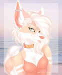  absurd_res anthro beach big_breasts blep breasts brittany_corona_(character) canid canine cleavage clothed clothing collar dress ear_piercing ear_ring female fennec formal_dress fox fur gauged_ear hair hi_res humanoid jewelry looking_at_viewer mammal markings necklace piercing ring_piercing seaside smile solo tail_markings tongue tongue_out 