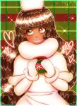  1girl artist_name blush brown_eyes brown_hair cocoa_cookie commentary cookie_run cup dark-skinned_female dark_skin english_commentary fur_trim gloves hat heart heart_background highres holding humanization long_hair looking_at_viewer mug personification print_mug smile smug snowflake_print solo tan upper_body washiko white_gloves 