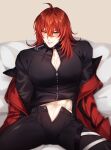  1boy abs artist_name bed bed_sheet blush collar collared_jacket diluc_(genshin_impact) feet_out_of_frame genshin_impact highres jacket large_pectorals long_hair looking_at_viewer lying male_focus muscular muscular_male on_back open_fly pants pectoral_cleavage pectorals red_eyes red_hair removing_jacket rourouki shirt signature solo 