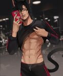 1boy abs animal_ears artist_name black_hair blurry blurry_background cat cat_tail cellphone clothes_lift feet_out_of_frame gym gym_shirt gym_shorts gym_uniform highres jewelry long_sleeves looking_at_viewer male_focus muscular muscular_male nipple_piercing nipples original pectorals phone piercing ring selfie shirt shirt_lift short_hair shorts signature slit_pupils smirk solo taiga_chama tail tiger_stripes virtual_youtuber 