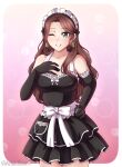  1girl ;d \||/ absurdres alternate_costume artist_name black_gloves black_skirt blurry bokeh border breasts brown_hair cleavage collarbone cowboy_shot depth_of_field dorothea_arnault earrings elbow_gloves english_commentary enmaided fire_emblem fire_emblem:_three_houses forehead frilled_skirt frills gloves green_eyes hand_on_hip hand_on_own_chest highres jewelry lewdlilies long_hair maid maid_headdress medium_breasts one_eye_closed open_mouth pink_background simple_background skirt smile solo teeth white_border 