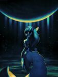  anthro breasts butt canid canine canis chest_tuft digital_media_(artwork) female fur glowing glowing_eyes hair hi_res legs_in_water long_hair looking_at_viewer looking_back mammal mylafox night nude orange_eyes partially_submerged partially_submerged_legs plant rear_view shaded sky smile smiling_at_viewer solo standing star starry_sky submerged_legs tuft water 