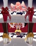  4girls absurdly_long_hair angel_wings black_background blonde_hair bow charlotte_(madoka_magica) crying drill_hair dual_persona high_heels highres kaname_madoka kneeling long_hair magical_girl mahou_shoujo_madoka_magica mami_mogu_mogu multiple_girls pink_hair pinlin praying puzzle_piece red_background rubbing_eyes split_screen tomoe_mami twin_drills two_side_up ultimate_madoka very_long_hair white_bow wings 