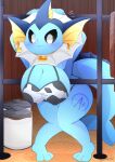  anthro bell bell_collar big_breasts blue_body blush breasts clothed clothing collar ear_piercing eeveelution female hi_res hinata_sakamoto milk nintendo piercing pok&eacute;mon pok&eacute;mon_(species) pok&eacute;morph solo thick_thighs vaporeon video_games 