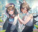  2girls :d animal_ear_fluff animal_ears bare_arms bare_shoulders beret black_hair black_skirt blue_headwear blush bow bowtie center_frills closed_eyes cowboy_shot cucumbear073 facing_another fang flipped_hair frilled_sleeves frills hair_ornament hairclip hat high-waist_skirt highres hololive long_hair long_sleeves looking_at_viewer looking_back low_ponytail meme_attire multicolored_hair multiple_girls musical_note ookami_mio oozora_subaru red_bow red_bowtie red_hair shirt skirt smile spiked_hair spoken_musical_note streaked_hair tying_another&#039;s_hair tying_hair virgin_killer_outfit virtual_youtuber white_shirt wide_ponytail wolf_ears wolf_girl 
