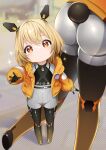  1girl alcoholrang arrow_(symbol) ass belt black_belt blonde_hair blurry blurry_background boots headgear highres jacket long_sleeves looking_at_viewer mi-a_(tower_of_fantasy) multiple_views open_clothes open_jacket orange_eyes orange_jacket parted_lips puffy_long_sleeves puffy_sleeves reaching_out short_hair sparkle standing symbol-shaped_pupils thigh_boots tower_of_fantasy 