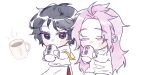  bangs black_eyes black_hair capelet closed_eyes closed_mouth colored_eyelashes commentary_request cup drinking hatsutori_hajime holding holding_cup hot_chocolate kosato86 long_hair long_sleeves male_focus mug pants parted_bangs pink_hair red_pants saibou_shinkyoku shirt short_hair simple_background translation_request utsugi_noriyuki white_background white_capelet white_pants white_shirt 