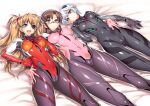 3girls :3 absurdres arm_around_waist arm_at_side ass_visible_through_thighs ayanami_rei bangs bed_sheet black_bodysuit blue_eyes blue_hairband blush bodysuit breasts breasts_apart brown_hair cameltoe circle_name clenched_hand closed_mouth content_rating covered_navel covered_nipples cowboy_shot dutch_angle evangelion:_3.0_you_can_(not)_redo eyepatch from_above girl_sandwich glasses gloves gradient hair_between_eyes hairband hand_on_another&#039;s_hip hand_on_hip head_tilt headgear highres hip_focus hiyohiyo hug impossible_bodysuit impossible_clothes indoors interface_headset legs_together light_smile logo long_hair looking_at_viewer low_twintails lying makinami_mari_illustrious medium_breasts multicolored_bodysuit multicolored_clothes multiple_girls neon_genesis_evangelion on_back on_bed open_mouth orange_hair outstretched_arms parted_bangs parted_lips pilot_suit pink_bodysuit plugsuit rebuild_of_evangelion red-framed_eyewear red_bodysuit red_eyes sandwiched shiny shiny_clothes shiny_hair short_hair side-by-side sidelocks skin_tight smile souryuu_asuka_langley sparkle spread_arms spread_legs thighs transparent triangle_mouth turtleneck twintails two_side_up white_hair 
