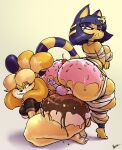  absurd_res animal_crossing ankha_(animal_crossing) anthro big_butt butt butt_smother canid canine canis domestic_cat domestic_dog felid feline felis female frosting group hi_res huge_butt isabelle_(animal_crossing) larger_female mammal mario_bros nintendo noctoc shih_tzu size_difference smothering thick_thighs toy_dog trio video_games yoshi 