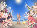  4boys 6+girls absurdres alexa_(epic_seven) angel_of_light_angelica_(epic_seven) apocalypse_ravi_(epic_seven) arkasus beach beer_mug bikini bird blonde_hair blue_eyes blush boat braid brown_eyes brown_hair cermia_(epic_seven) cermia_(swimsuit_cermia)_(epic_seven) champagne_bottle charles_(epic_seven) choker conqueror_lilias_(epic_seven) cup double_bun drink drinking_glass earrings elf epic_seven eyewear_on_head facial_hair facial_mark fallen_cecilia_(epic_seven) feathered_wings flower forehead_mark green_eyes grey_hair hair_bun hair_flower hair_ornament heterochromia highres holding holding_drink holding_weapon horns hwayoung_(epic_seven) ice_cream_cone iseria_(epic_seven) jewelry male_swimwear mediator_kawerik_(epic_seven) mercedes_(epic_seven) montmorancy_(epic_seven) mug multiple_boys multiple_girls mustache one_eye_closed party_popper pointy_ears prince_aither purple_eyes rass_elclare red_hair sunglasses swim_trunks swimsuit tinkst watercraft weapon wine_glass wings yellow_eyes 