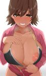  1girl absurdres apple_(ygbhjdbiulsg) bikini bikini_pull bikini_under_clothes black_bikini blush breasts brown_hair cleavage clothes_pull collarbone full-face_blush grin hand_on_own_chest highres honda_mio huge_breasts idolmaster idolmaster_cinderella_girls jacket looking_at_viewer navel one_breast_out partially_unzipped pink_jacket simple_background smile solo steam sweatdrop swimsuit white_background 