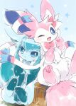 :3 ambiguous_gender blue_background blue_body blue_ears blue_eyes blue_fur blue_hair blue_inner_ear blue_tail canid chest_tuft colored cute_fangs digital_media_(artwork) duo ear_bow eeveelution feral fluffy fluffy_tail front_view full-length_portrait fur glaceon hair head_tuft hi_res kemono leg_markings long_hair looking_at_viewer mammal markings monotone_ears monotone_tail multicolored_body multicolored_fur multicolored_hair neck_bow nintendo no_sclera nude one_eye_closed pattern_background pawpads paws pink_body pink_ears pink_fur pink_pawpads pink_tail pok&eacute;mon pok&eacute;mon_(species) portrait pupils quadruped ribbons shaded simple_background sitting socks_(marking) star-shaped_background star_polygon suppainu sylveon tree_stump tuft two_tone_body two_tone_fur two_tone_hair video_games white_body white_fur white_pupils white_ribbon wink 