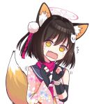  1girl :d animal_ears bangs blue_archive brown_eyes brown_hair commentary_request fang fox_ears fox_girl fox_mask hair_between_eyes izuna_(blue_archive) japanese_clothes kimono kitsune looking_at_viewer mask nanju_bami non-web_source open_mouth pink_scarf print_kimono sakuramon scarf school_uniform skin_fang sleeveless smile source_request surprised sweatdrop 