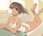  1girl ass barefoot brown_eyes brown_hair character_request commentary copyright_request couch crossed_arms feet_up flat_chest food highres ice_cream icon_315 lying mole mole_under_eye mouth_hold on_stomach panties side_ponytail solo strap_slip sweat tan tank_top tanlines underwear unmoving_pattern white_panties 