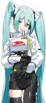  1girl aqua_eyes aqua_hair black_gloves closed_navel cropped_jacket gloves goodsmile_racing hand_on_own_stomach hatsune_miku headgear headphones highres jacket logo long_hair open_mouth race_queen racing_miku racing_miku_(2022) rsk_(tbhono) single_thighhigh solo thighhighs twintails very_long_hair vocaloid white_jacket 