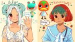 2girls animal_crossing ariamisu blonde_hair bracelet breasts character_name commentary cowboy_shot english_commentary eyes_visible_through_hair floral_print food green_hair jewelry ketchup_(animal_crossing) lily_(animal_crossing) looking_at_viewer medium_hair multiple_girls multiple_views open_mouth personification red_hair rose_print short_twintails shorts simple_background twintails upper_body 