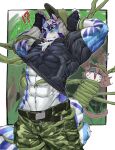  ?! abs anthro biceps canid canine canis cat_operator clothing domestic_dog duo fur hi_res kzy_r9877 lifewonders live-a-hero male mammal military_uniform muscular muscular_anthro muscular_male pecs protagonist_(live-a-hero) sadayoshi striped_body striped_fur stripes tentacles_on_male undressing uniform video_games vine_tentacles 