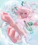  1girl :d absurdres armpits arms_up bangs bare_legs barefoot bikini bottle breasts chromatic_aberration feet foot_focus full_body highres holding_tiara hololive hololive_english legs_up long_hair looking_at_viewer lying medium_breasts mori_calliope nail_polish old_metal_666 on_back pink_eyes pink_hair smile soles solo string_bikini swimsuit toes virtual_youtuber white_bikini 