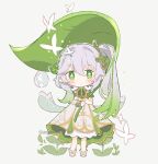  1girl blush bracelet bug butterfly chibi cross-shaped_pupils detached_sleeves dress genshin_impact gradient_hair green_eyes green_hair grey_hair hair_ornament holding holding_leaf jewelry leaf leaf_umbrella long_hair looking_at_viewer melanbread multicolored_hair nahida_(genshin_impact) plant pointy_ears side_ponytail simple_background toeless_footwear water_drop watermark 