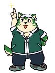  absurd_res anthro bandanna canid canine canis domestic_dog eyebrows fur gesture green_body green_fur hi_res kerchief lifewonders live-a-hero male mammal mokdai pointing pointing_up solo thick_eyebrows toony video_games yukimushi6 