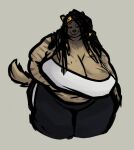  2022 accessory anthro big_breasts breasts brown_body brown_fur brown_hair camisole cleavage clothed clothing colored dreadlocks female fur grey_background hair hair_accessory hair_ring hand_under_breast headkerchief hi_res holding_breast huge_breasts hyaenid kerchief long_hair mammal midriff navel obese obese_anthro obese_female overweight overweight_anthro overweight_female portrait silverfang725 simple_background solo spots spotted_body spotted_fur spotted_hyena standing story story_in_description three-quarter_portrait track_pants weight_gain yellow_headkerchief yellow_kerchief 